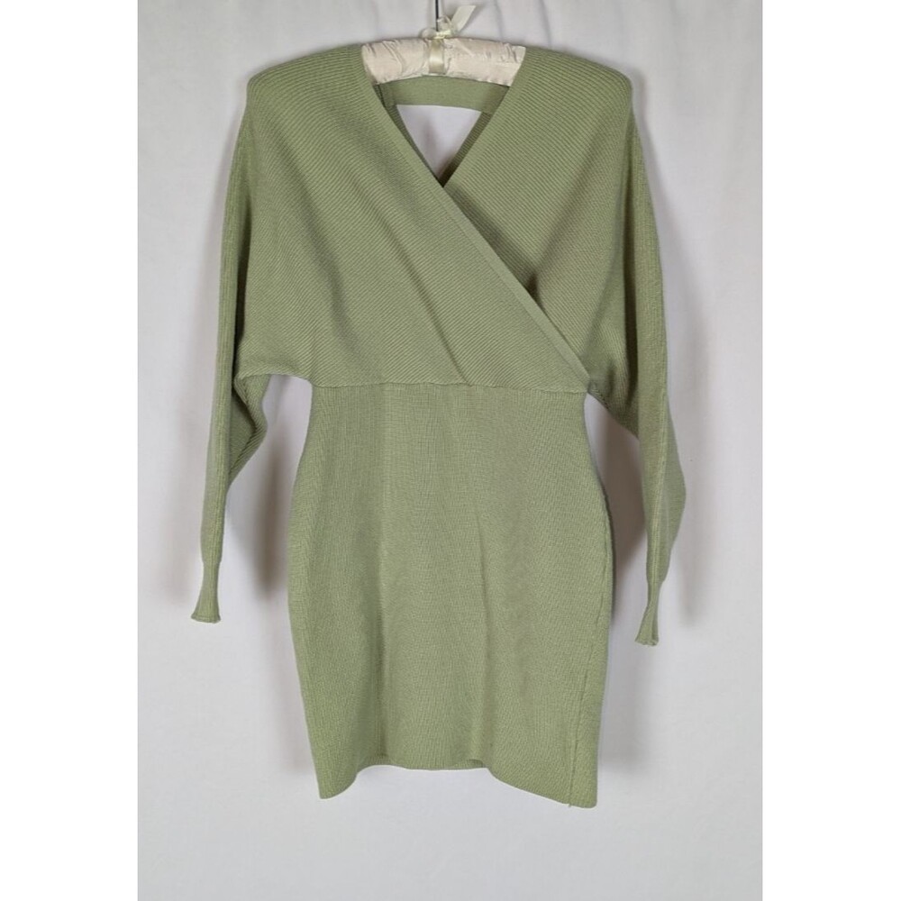 Women's Ribbed Knit Wrap-Front Dolman Sleeve Mini Sweater Dress Green S Date